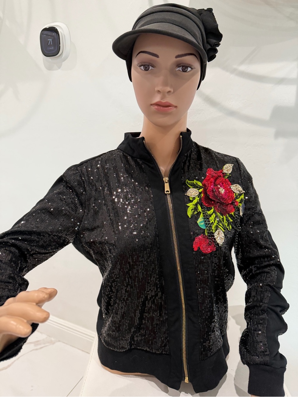 Boston Proper Black Sequin Jacket with Red Rose Appliqué, includes hat